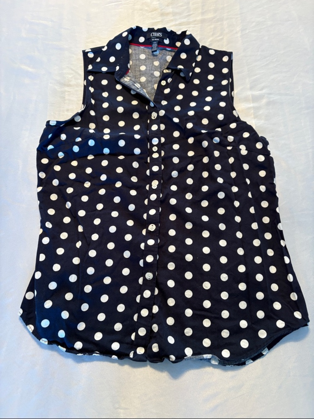 Chaps Navy and White Polka Dot Sleeveless Button Front Top